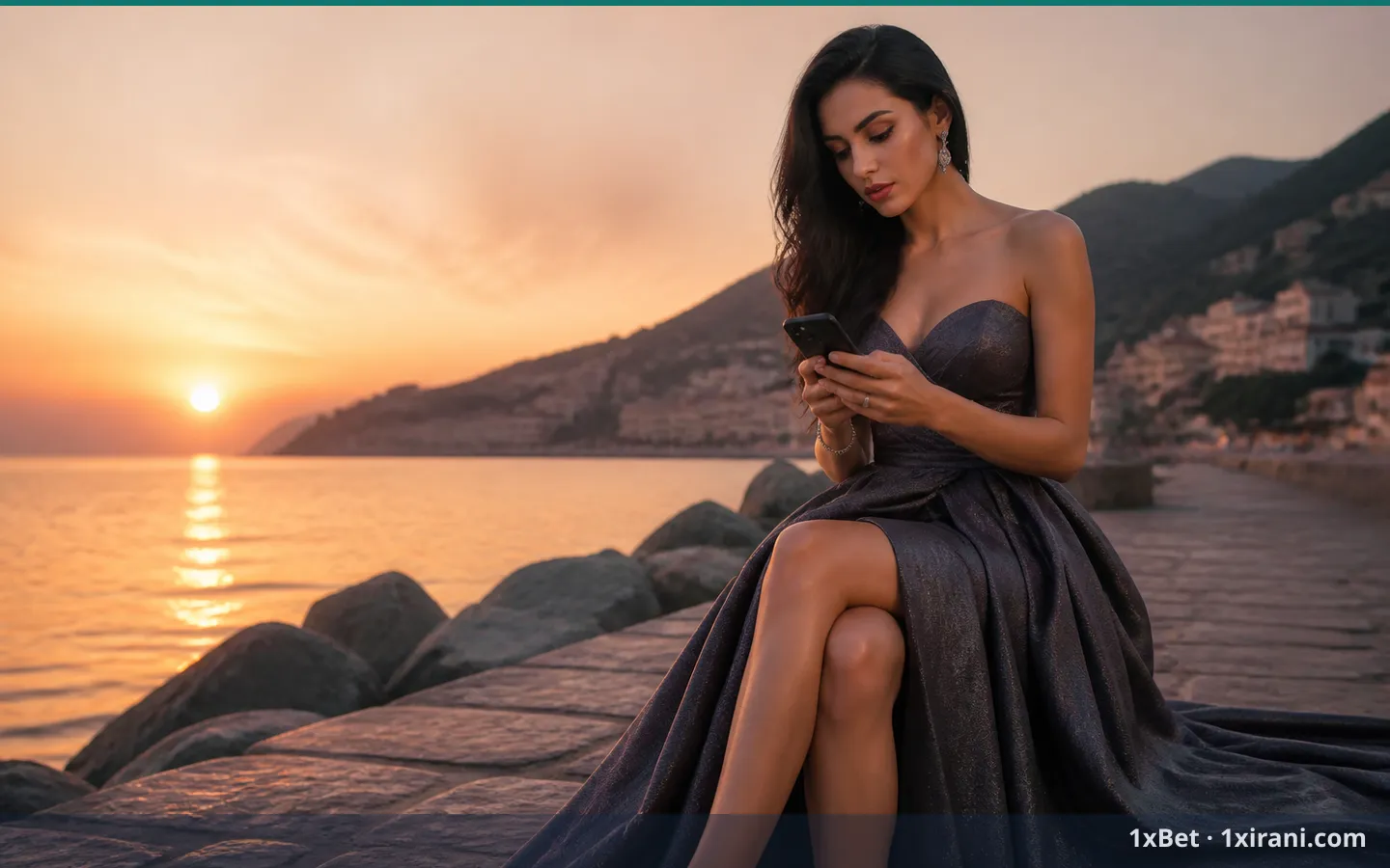 زن با لباس مرجانی میان نخل‌های شب و گوشی وان ایکس بت